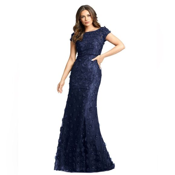 MAC DUGGAL 67711 Navy Floral Applique Boat Neck Cap Sleeve Gown - Picture 2 of 12